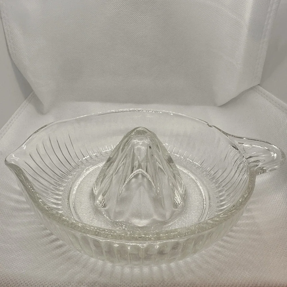 Vintage Ribbed Glass Juicer w/ Textured Base, Thumb Tab Handle, & Pour Spout